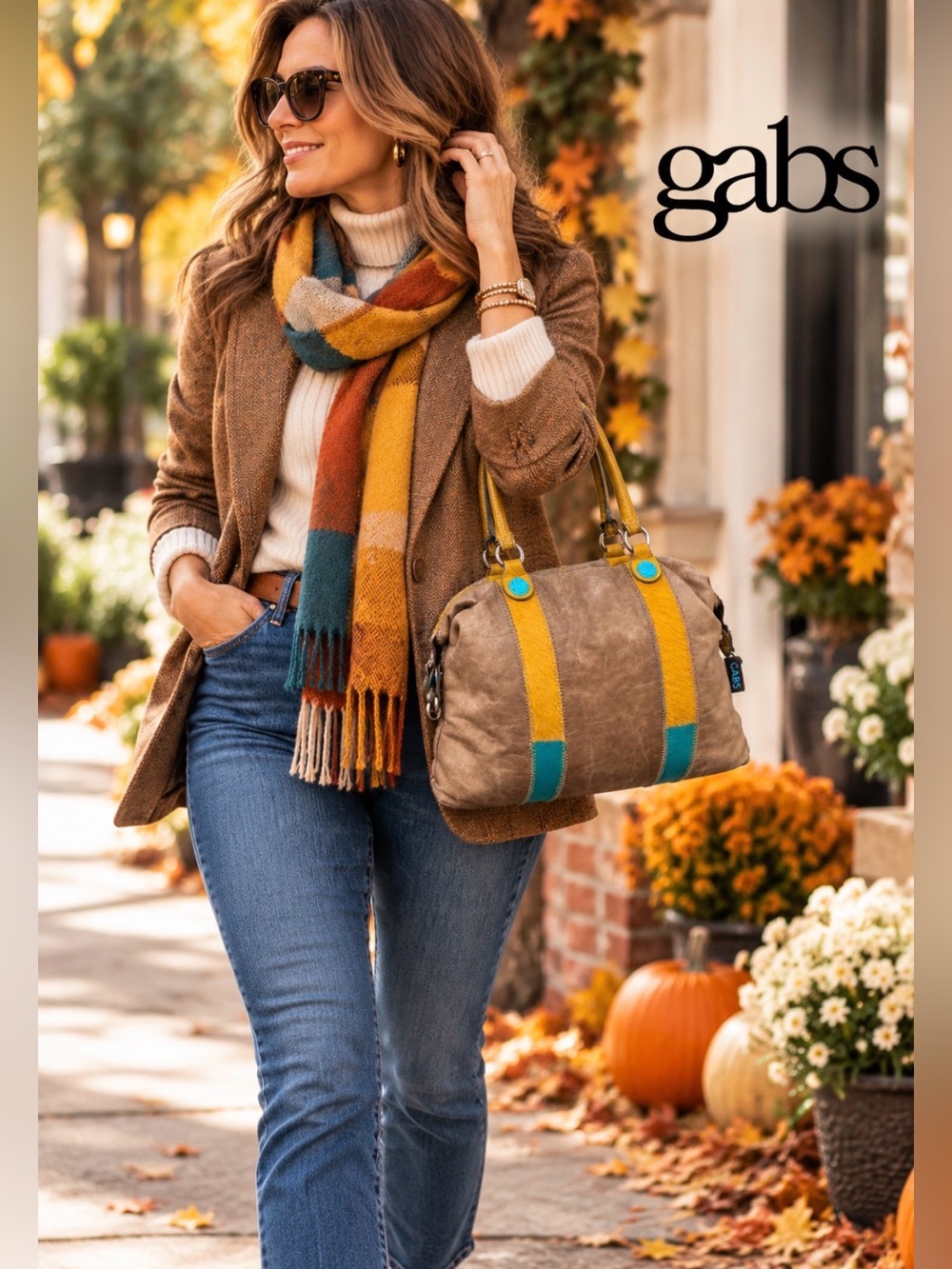 GABS Italy Leather Convertible Satchel Tote Taupe Mustard Turquoise